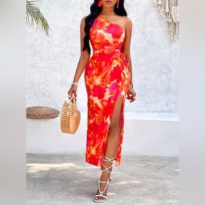 One-Shoulder Floral Midi Dress in Vibrant Red-Orange